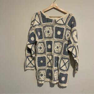 St. Michael Marks & Spencer White & Blue Crochet Knit Sweater, Size UK 10-12